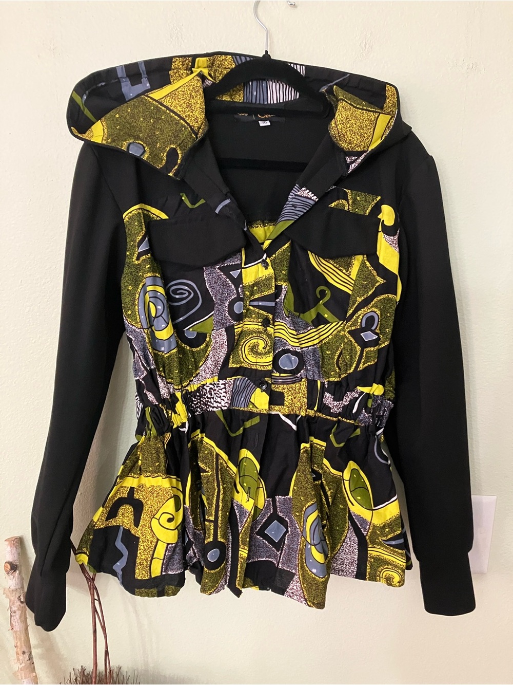 House of Sota black yellow multi pattern cinched hoodie